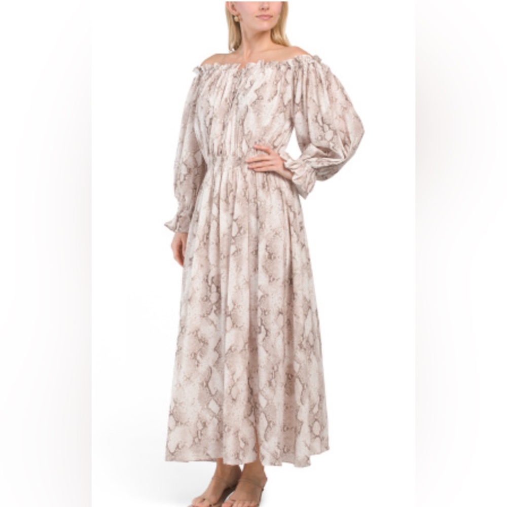 ELIE TAHARI Silk Off The Shoulder Puff Sleeve Tie Front Split Neck
Midi Dress